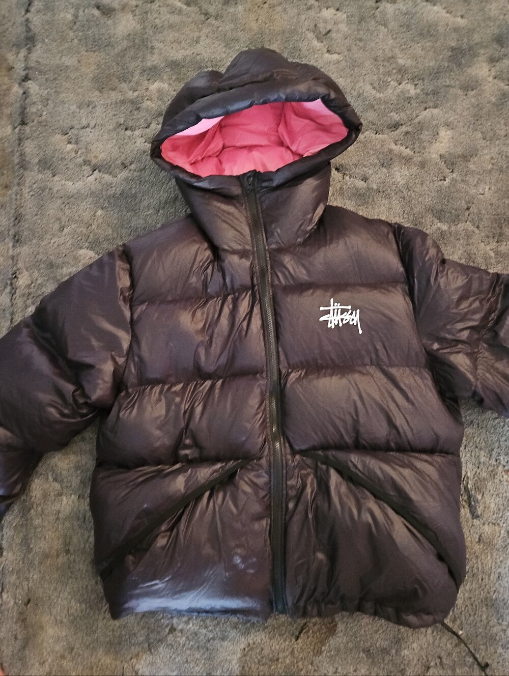 Stussy Black Hooded Puffer Jacket womens oversized